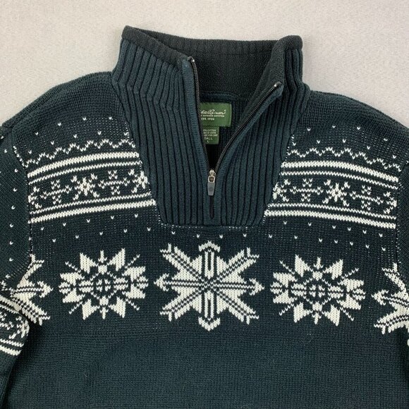 Eddie Bauer Sweater Tall Large Black Fair Isle 1/4 Zip Long Sleeve Knit Nordic - Picture 2 of 8